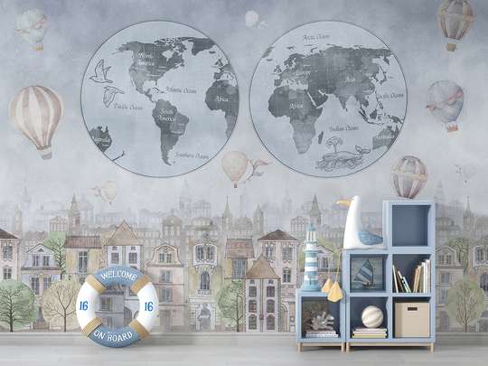 Wall Mural - Earth with World Map and city buildings in blue colors
