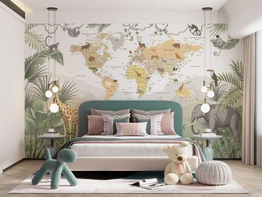 Nursery Wall Mural - World map with tropical animals