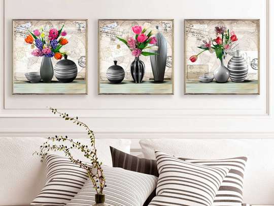 Poster - Vases with flowers, 80 x 80 см, Framed poster on glass, Sets
