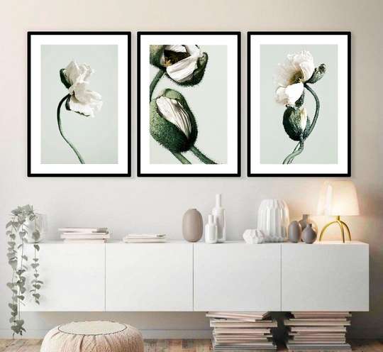 Постер - Белый цветок Мака, 60 x 90 см, Постер на Стекле в раме, Наборы