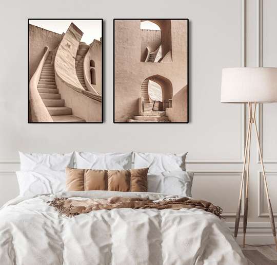 Poster - Architectural elements in beige shades, 60 x 90 см, Framed poster on glass