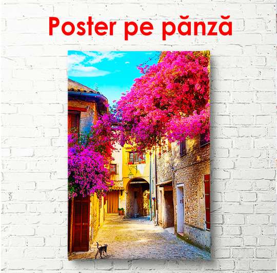 Poster - Pink trees on the background of an old courtyard, 60 x 90 см, Framed poster