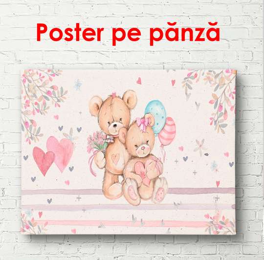 Poster - Urși pe un fundal roz, 90 x 45 см, Poster înrămat