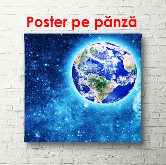 Poster - Earth against the background of a blue galaxy, 100 x 100 см, Framed poster