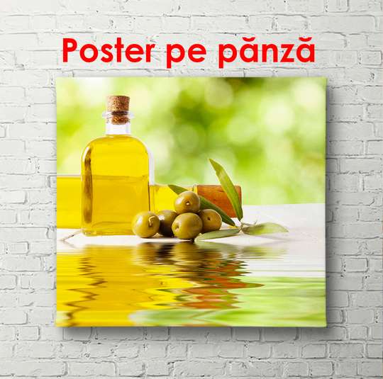 Постер - Стеклянная бутылка с оливковым маслом, 100 x 100 см, Постер в раме