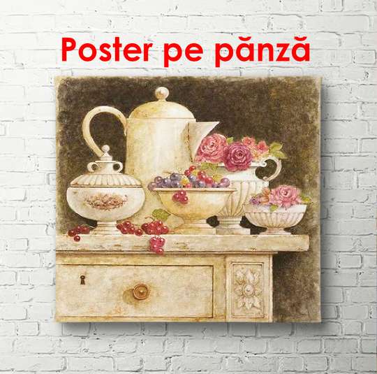 Постер - Чайный сервиз на столе, 100 x 100 см, Постер в раме