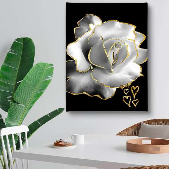 Poster,Trandafir alb cu contur auriu, 30 x 45 см, Panza pe cadru