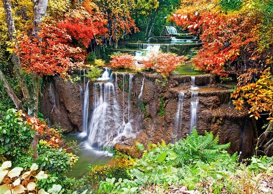 Фотообои - Водопад на фоне деревьев с разноцветными листьями