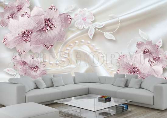 3D Wallpaper, Pink flowers on a white background.