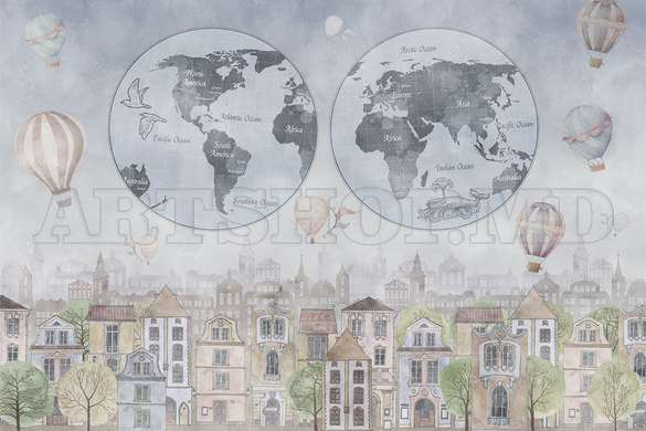 Wall Mural - Earth with World Map and city buildings in blue colors