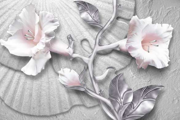 Ширма - Белые цветы с серебряными листьями на серебряном фоне, 7
