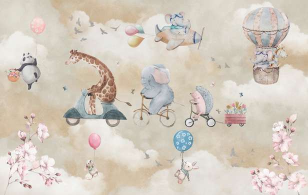 Nursery Wall Mural - Cute animals on bicycles on a beige background