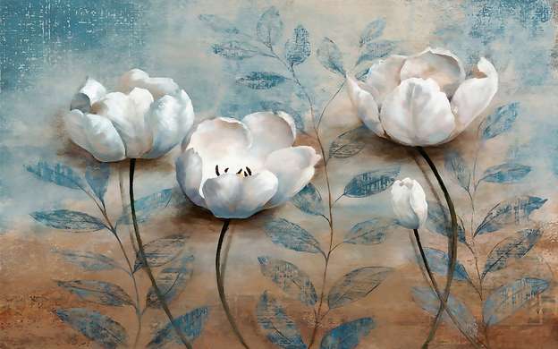 Fototapet - Flori albe delicate cu frunze