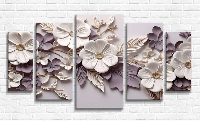 Modular picture, White flowers with pale purple, 108 х 60