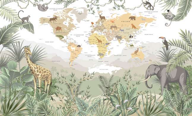 Фотообои - Карта мира с тропическими животными