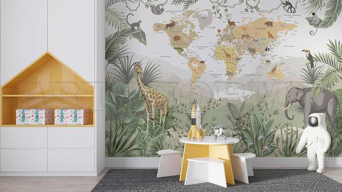 Wall Mural - World map with animals and jungle, in Romanian