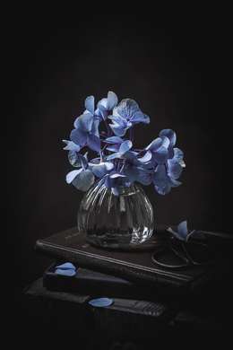 Poster - Vase with blue flowers on a dark background, 30 x 60 см, Canvas on frame, Botanical