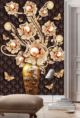 3D Wallpaper - Vase with golden flowers and butterflies on a leather background