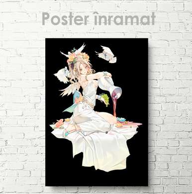 Poster - Anime girl on a black background, 60 x 90 см, Framed poster on glass, For Kids