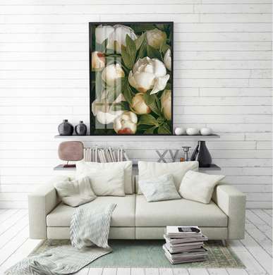 Постер - Белые пионы, 60 x 90 см, Постер на Стекле в раме, Цветы