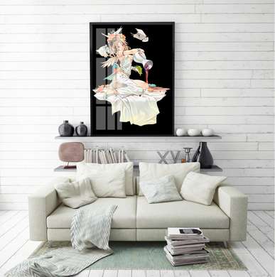 Постер - Девушка из Анимэ на черном фоне, 30 x 45 см, Холст на подрамнике