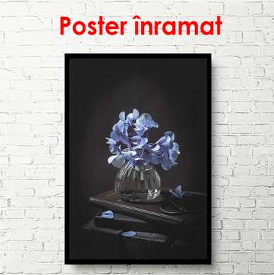 Poster - Vase with blue flowers on a dark background, 30 x 60 см, Canvas on frame, Botanical