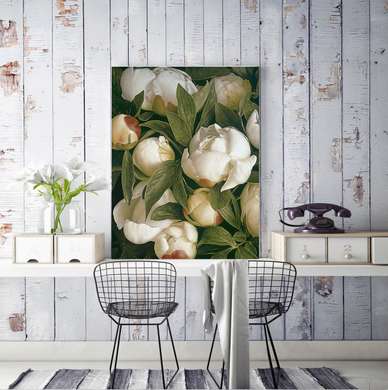 Poster - White peonies, 60 x 90 см, Framed poster on glass, Flowers