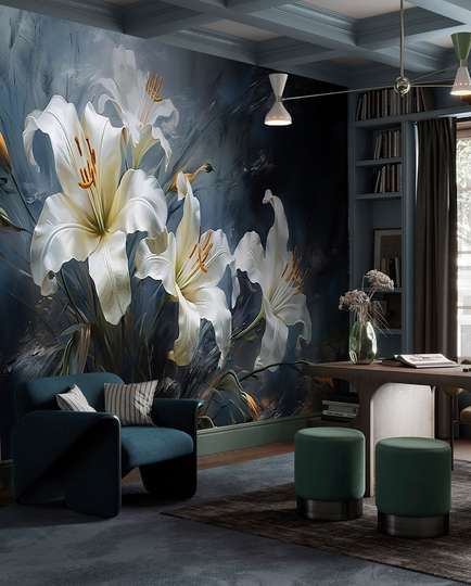 Wall mural - Lily flowers on a blue - dark gray background