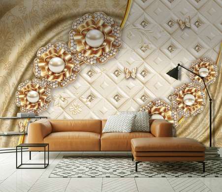Wall Mural - Golden brooches in the form of flowers with butterflies