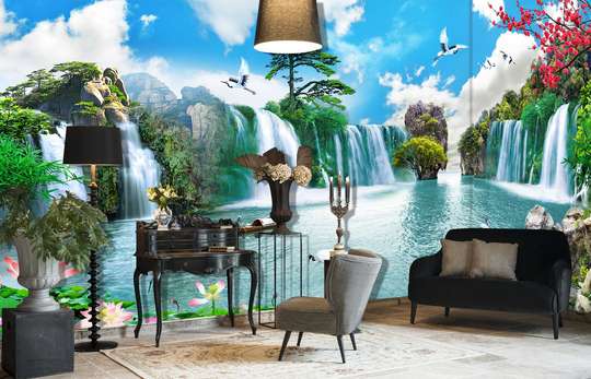 Wall Mural - Sunny day in a beautiful landscape with a waterfall