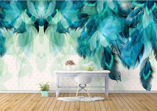 Wall Mural - Blue feathers on a white background