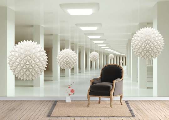 3D Wallpaper, Corridor and white balls.