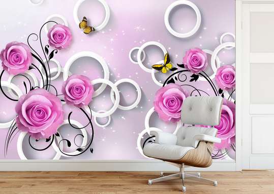 3Д Фотообои - Фиолетовые розы и бабочки на трехмерном фоне