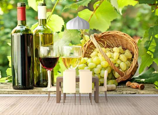 Фотообои - Бутылка вина на фоне виноградника