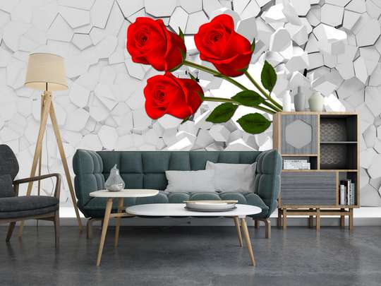 3D Фотообои, Красная роза на фоне белой 3Д стены