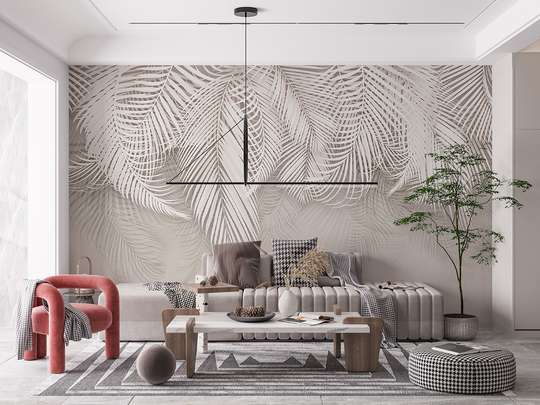 Wall Mural - Tropical palm leaves on pale beige background