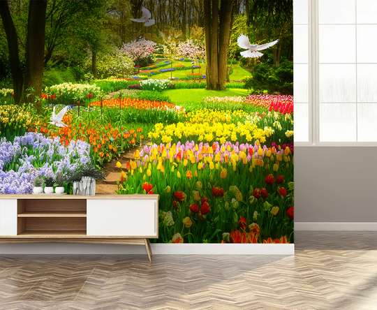 Wall Mural - Alley in the flower garden and white doves