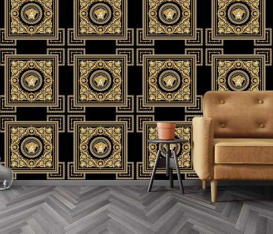 Фотообои - Золотистый орнамент Версачи с повторяющимся элементом на черном фоне.