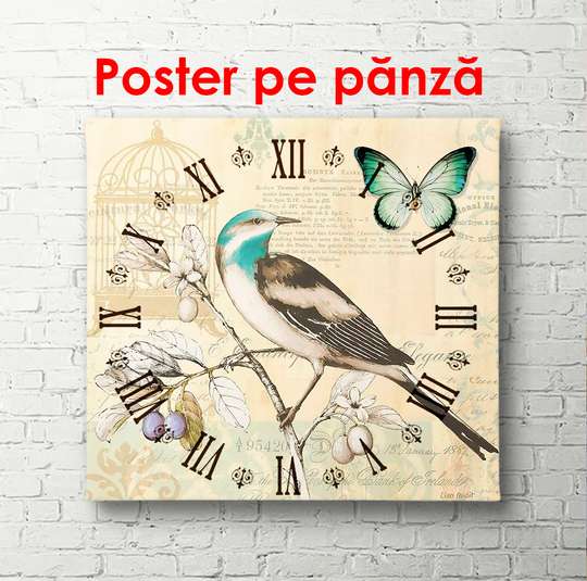 Постер - Часы с птичкой, 100 x 100 см, Постер в раме