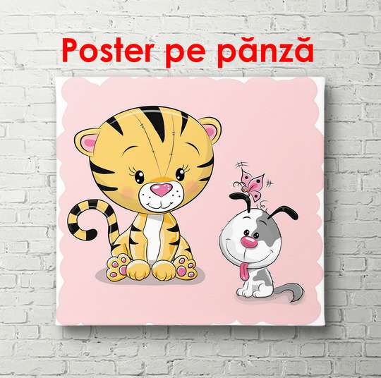 Poster - Tigru cu un câine pe un fundal roz, 100 x 100 см, Poster înrămat, Pentru Copii