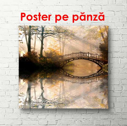 Poster - Foggy forest with a bridge, 100 x 100 см, Framed poster