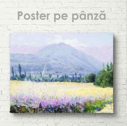 Постер - Фиолетовые цветы в поле, 45 x 30 см, Холст на подрамнике, Живопись