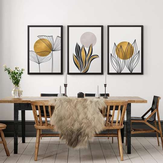 Постер - Растения и золотые элементы, 60 x 90 см, Постер на Стекле в раме, Наборы