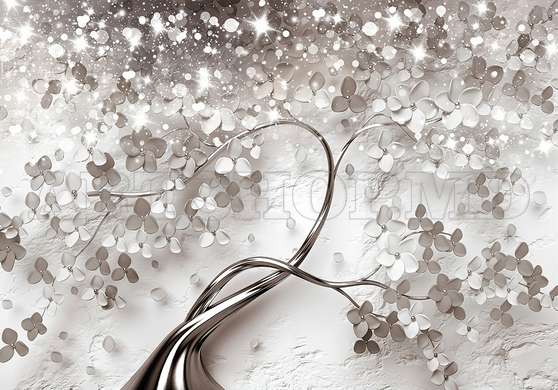 3D Photo Wallpaper- Silver tree with white flowers and diamonds