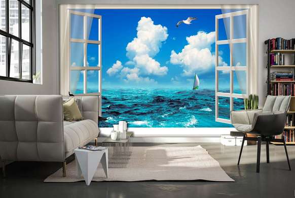 Wall Mural - Open white window overlooking the ocean