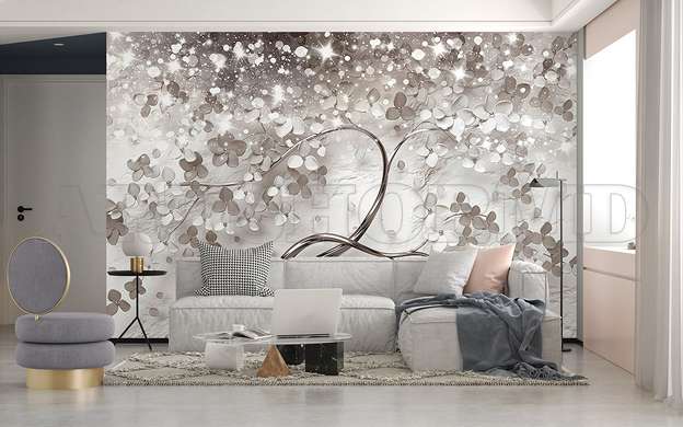 3D Photo Wallpaper- Silver tree with white flowers and diamonds