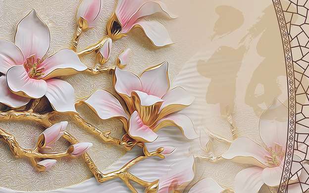 3Д Фотообои - Белые цветы с золотыми листьями на бежевом фоне