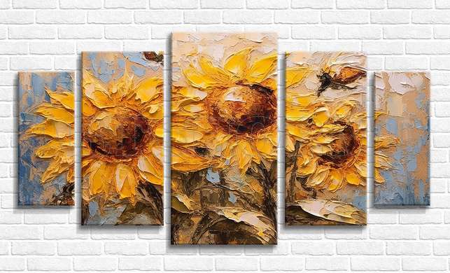 Modular picture, Painted sunflower bouquet, 108 х 60