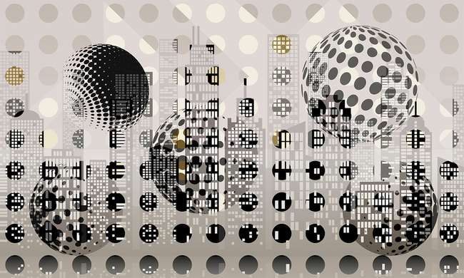 3D Wallpaper - Abstract balls on the background of the city
