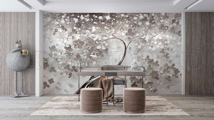 3D Photo Wallpaper- Silver tree with white flowers and diamonds